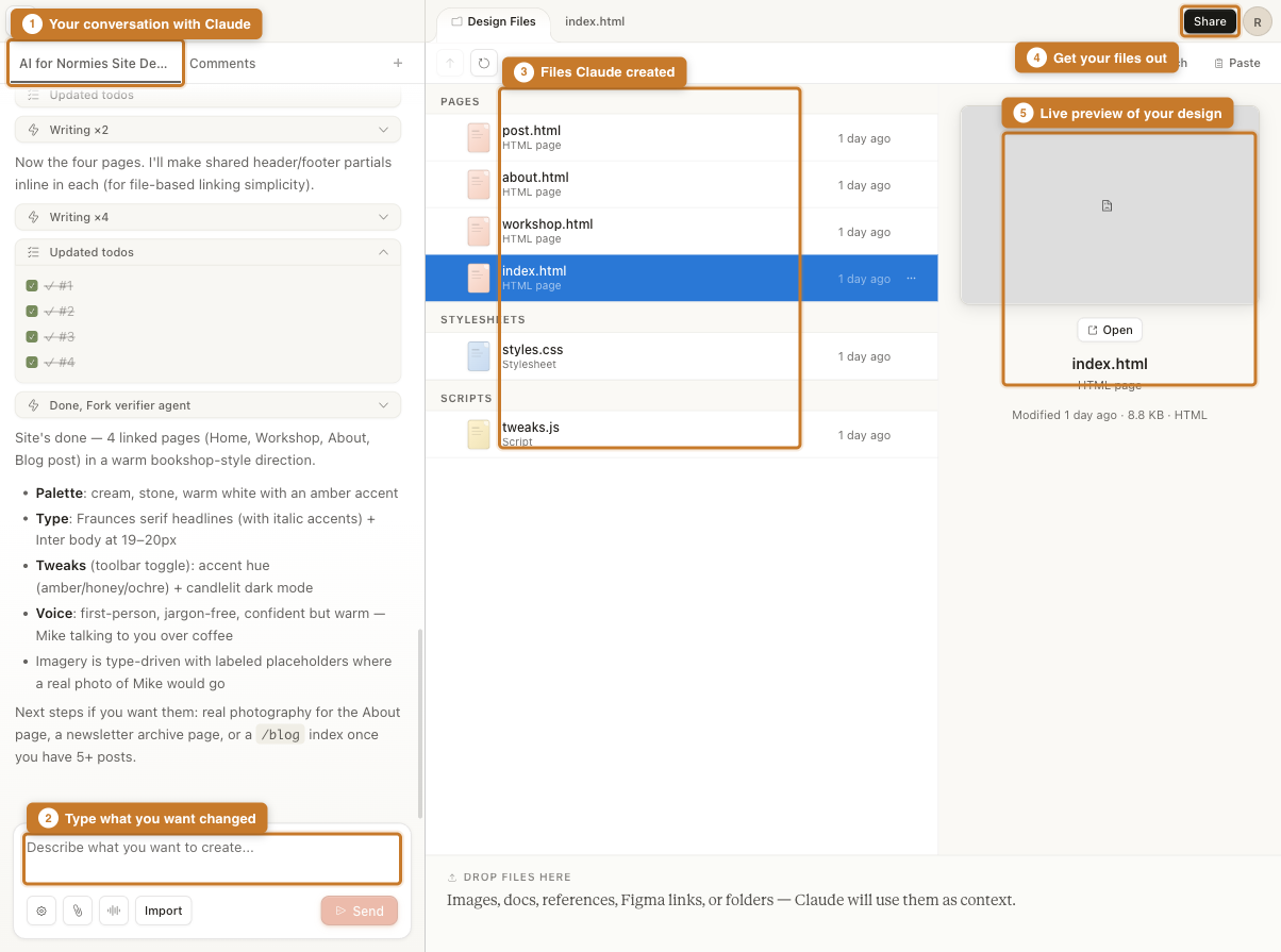 The Claude Design editor showing a conversation with Claude on the left, a file list in the middle, and a live preview on the right