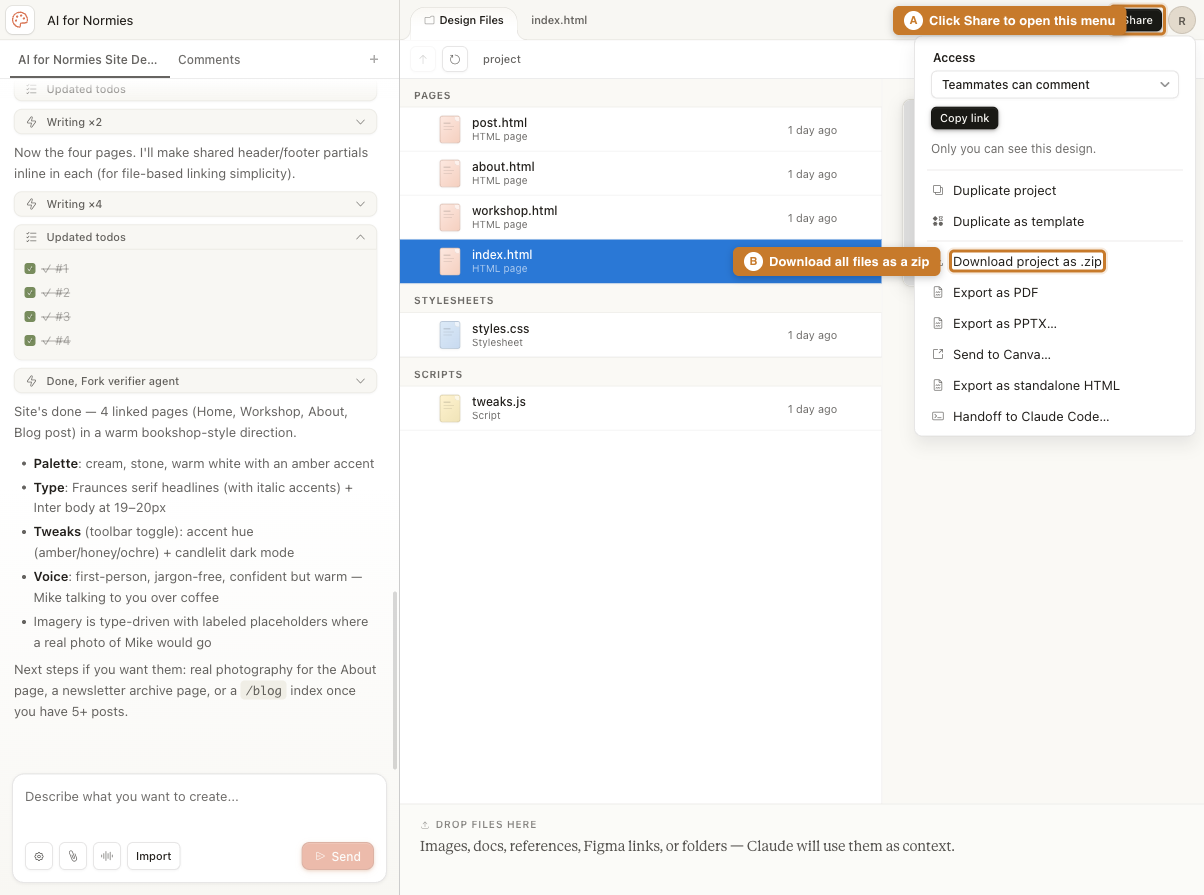The Share menu in Claude Design showing options including Download project as .zip, Export as PDF, Export as standalone HTML, and Handoff to Claude Code