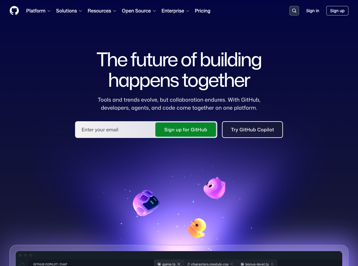 GitHub homepage showing the sign-up form and the tagline about building together